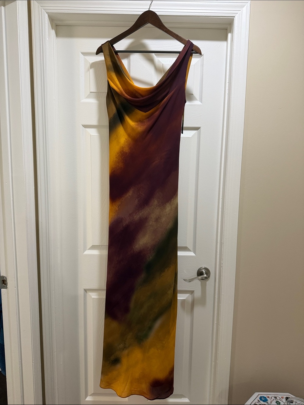 Cowl Neck Watercolor Slip Dress in Marigold & Plum